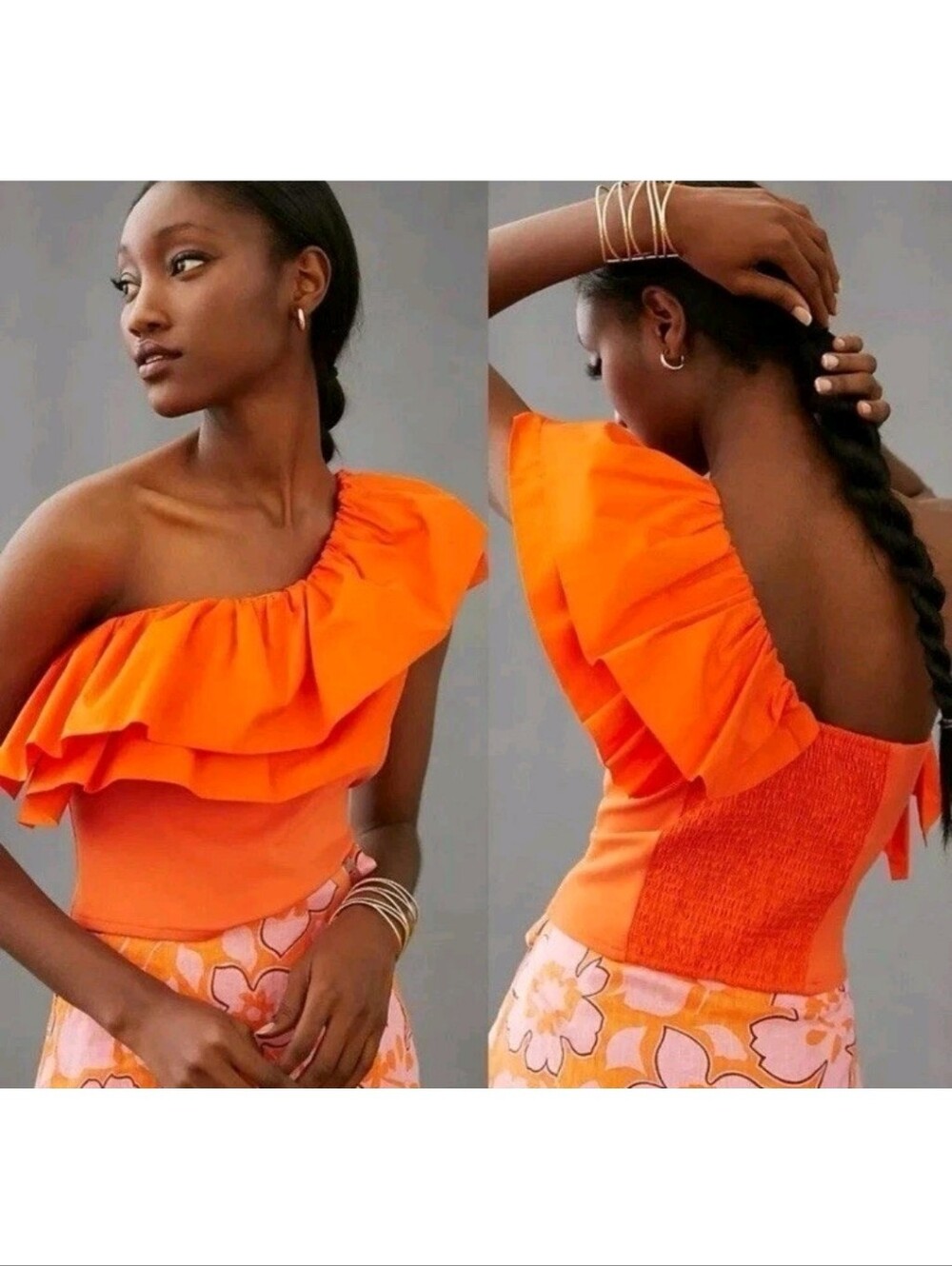 Anthropologie Sunday In Brooklyn One-Shoulder Orange Ruffle Women's Top